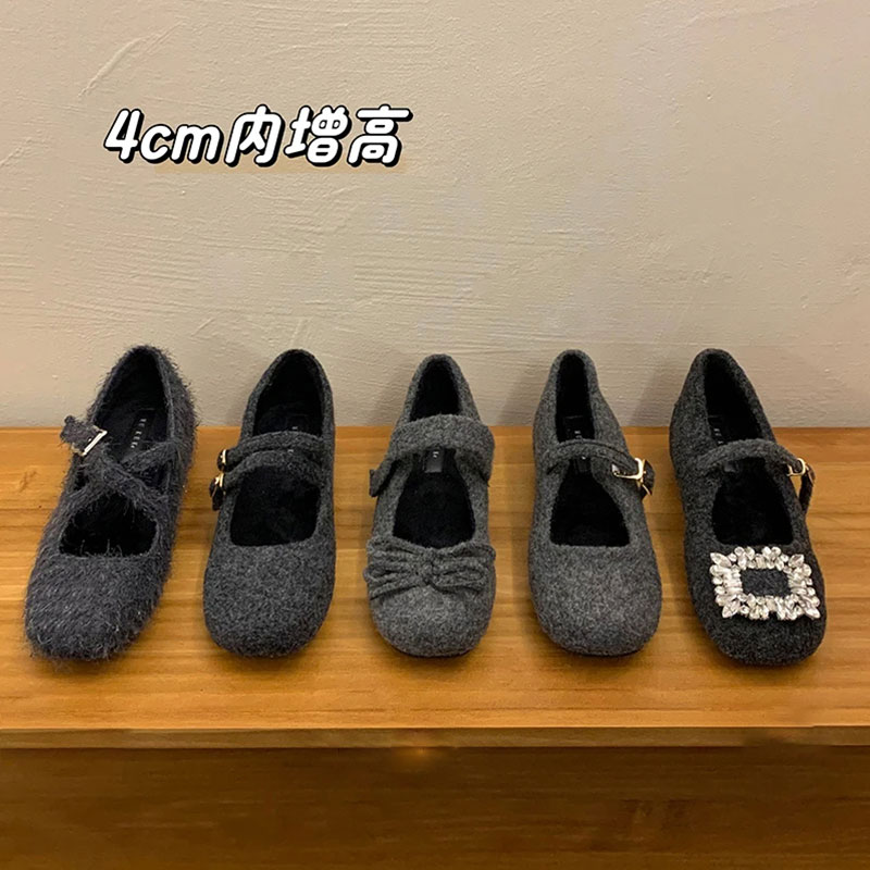 灰色水钻内增高玛丽珍鞋女秋冬外穿新款韩版呢子单鞋加绒保暖棉鞋