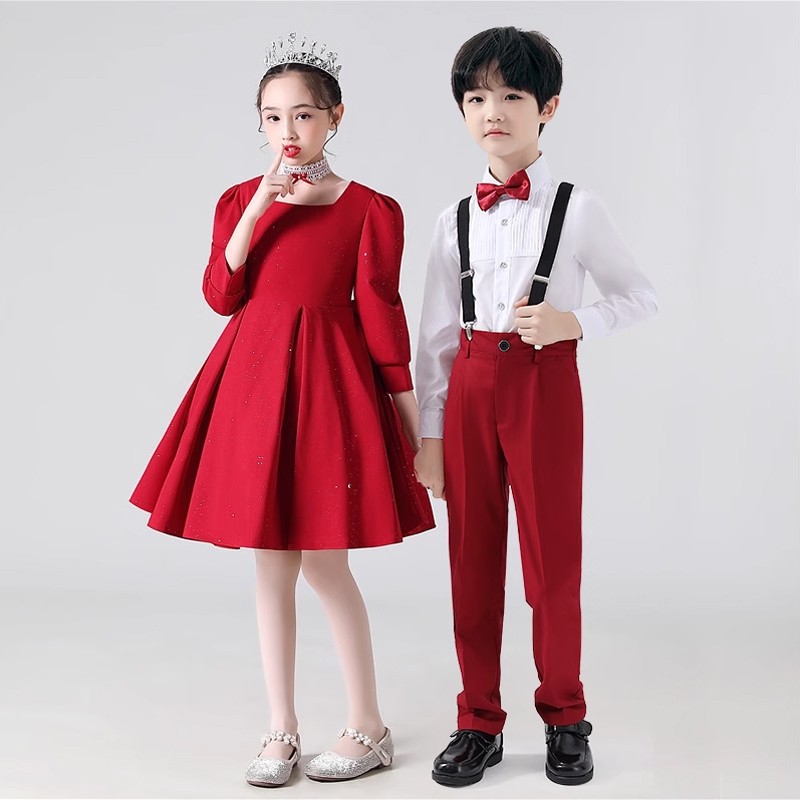 儿童演出服女童舞蹈裙小学生合唱团男童红色礼服演讲朗诵表演服装