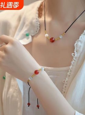 相思豆红玛瑙项链转运珠手工手链情侣编织幸运红豆手绳锁骨链套装