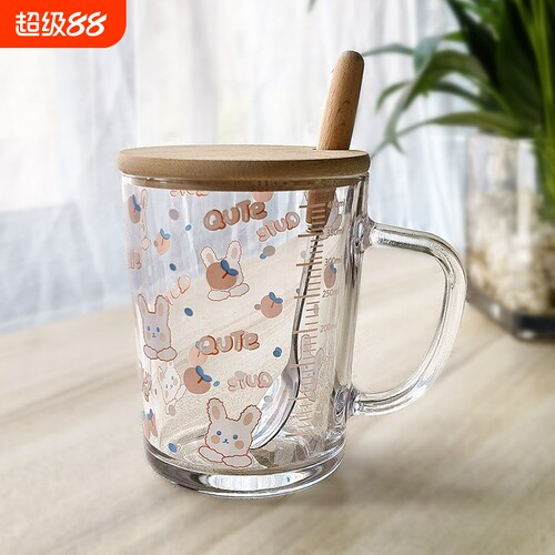ins玻璃杯杯子卡通吸管杯勺刻度牛奶杯早餐杯情侣用微波炉便携