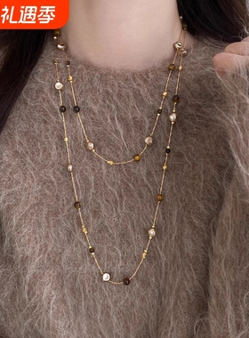 美拉德虎眼石珍珠项链女秋冬季2025爆款百搭轻奢高级感长款毛衣链