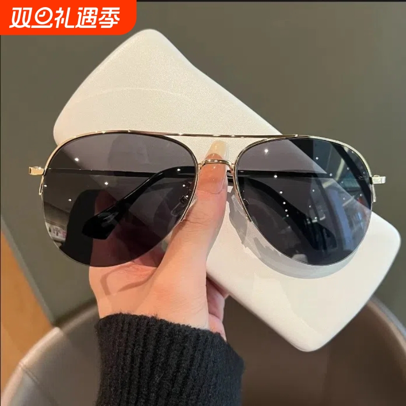 飞行员墨镜男女大脸显瘦开车防紫外线蛤蟆镜半框太阳眼镜复古金框