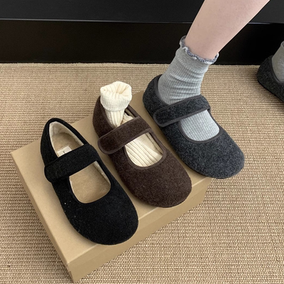 魔术贴灰色毛毛鞋女冬外穿新款加绒单鞋保暖棉鞋平底玛丽珍豆豆鞋