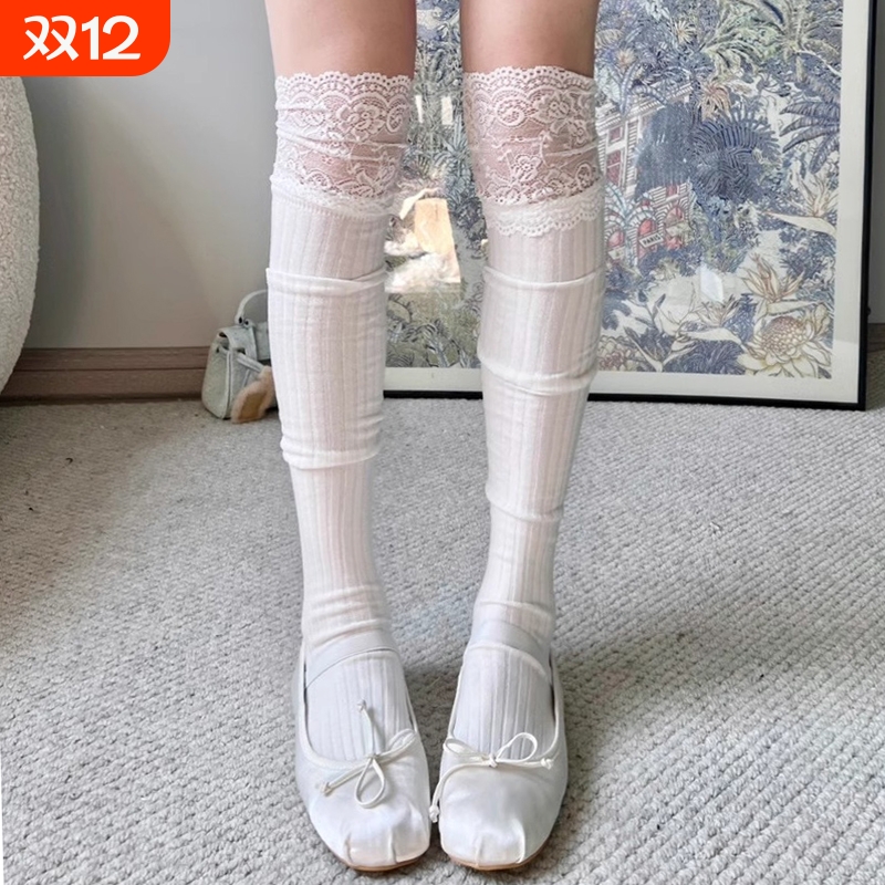 白色蕾丝过膝袜子女芭蕾风长筒袜ins潮jk花边大腿袜配长靴袜秋款