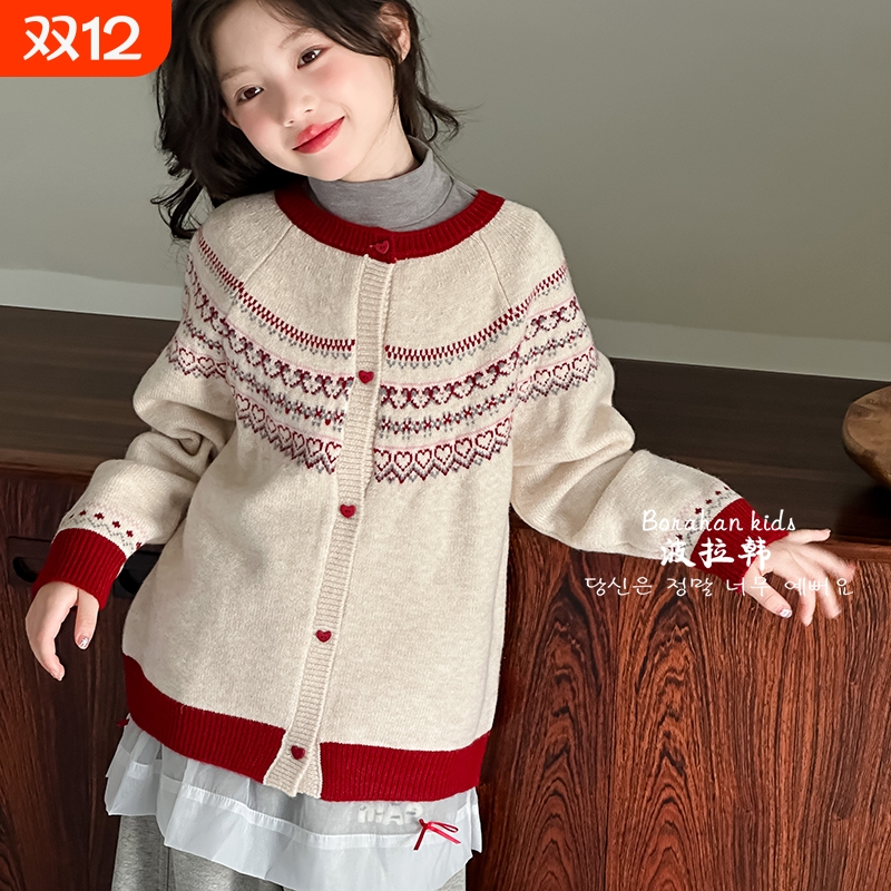 女童开衫针织衫外套2025秋冬新款中大童加厚毛衣上衣毛线米色提花