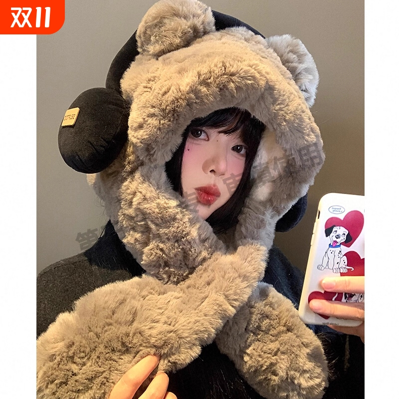 冬季保暖雷锋帽子加绒加厚防寒面罩围脖一体帽包头帽粉色骑行防风