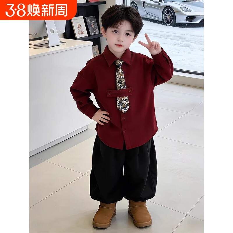 男童拜年服2026新款小男孩帅气加厚红外套儿童秋冬新年衬衫领带