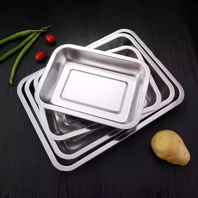 不锈钢方盘烤鱼盘快餐盘蒸鱼盘平底托盘烧烤盘长方形凉菜厨房家用