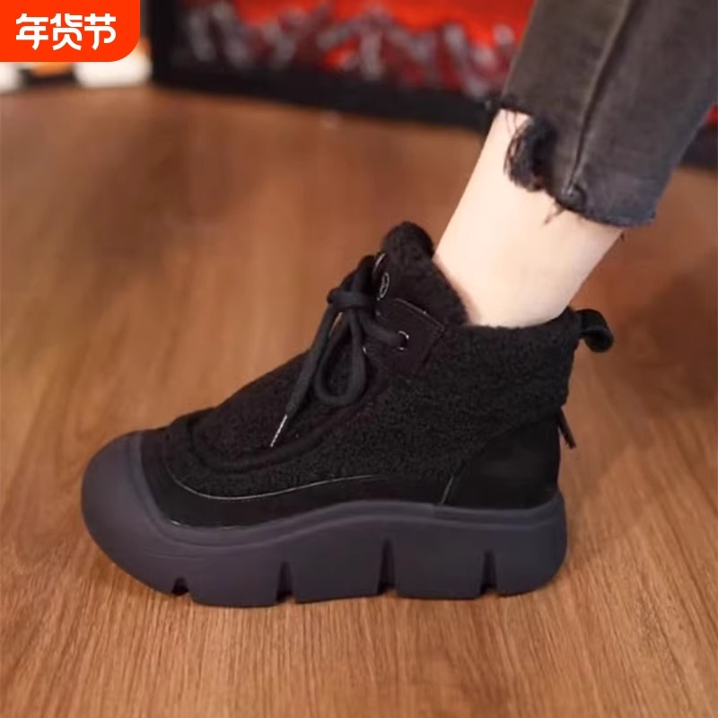 三福英伦风羊羔毛马丁靴女冬季新款厚底增高棉鞋软底软面妈妈短靴,女鞋,时尚雪地靴,淘宝优惠券,粉丝福利购,淘宝优惠卷