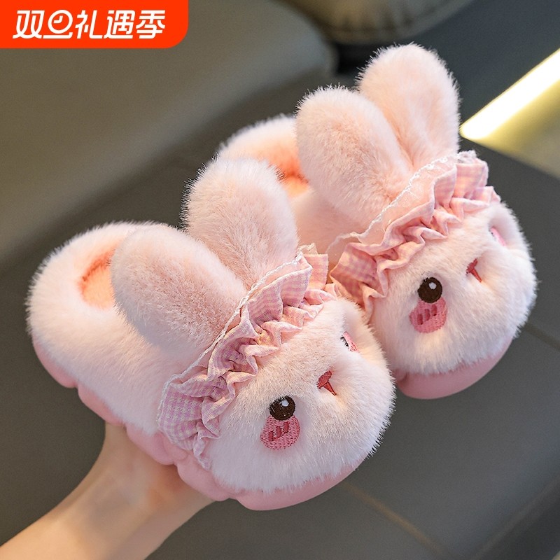 兔子儿童拖鞋棉男童冬季卡通可爱防滑室内软底宝宝拖鞋粉色紫色