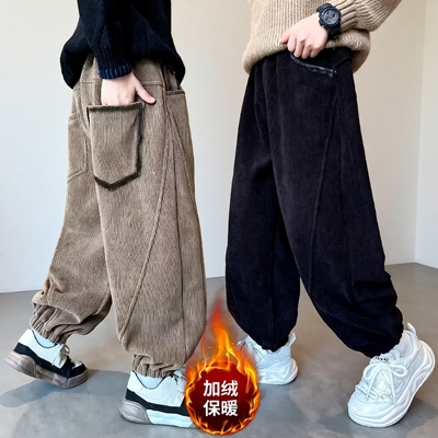 潮牌男童灯芯绒束脚卫裤加绒加厚