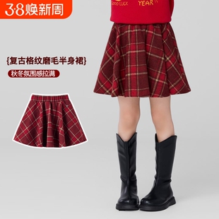 女童毛呢红色格子半身短裙2026秋冬新年儿童过年裙中国风复古裙子