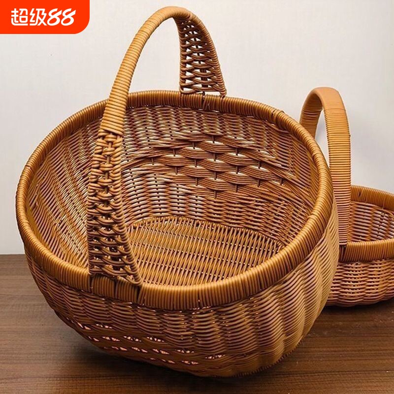 野餐仿藤水果篮菜篮子编织购物篮鸡蛋手提圆形纯手工手编买菜带盖