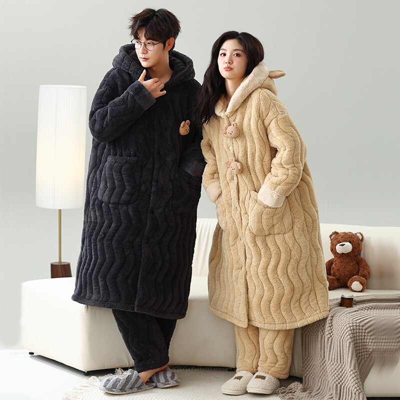 情侣睡衣女冬睡袍男款加绒加厚珊瑚绒三层夹棉连帽长款家居服套装