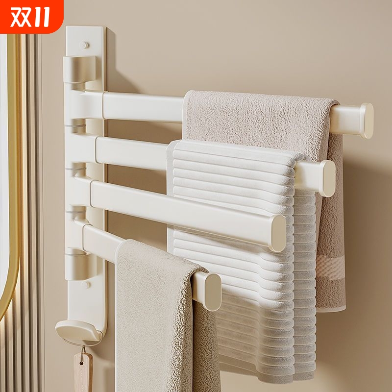 旋转毛巾架浴室免打孔毛巾挂浴巾架毛巾杆卫生间置物架双杆太空铝
