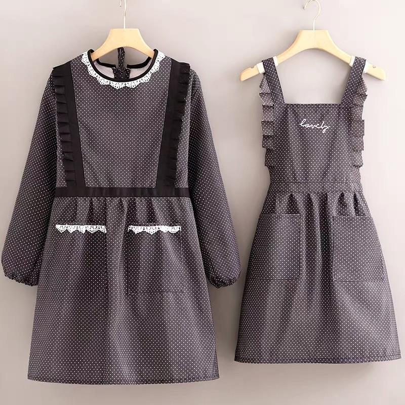 2025新款围裙透气厨房家用罩衣女洋气工作服帆布花边蕾丝黑色家务