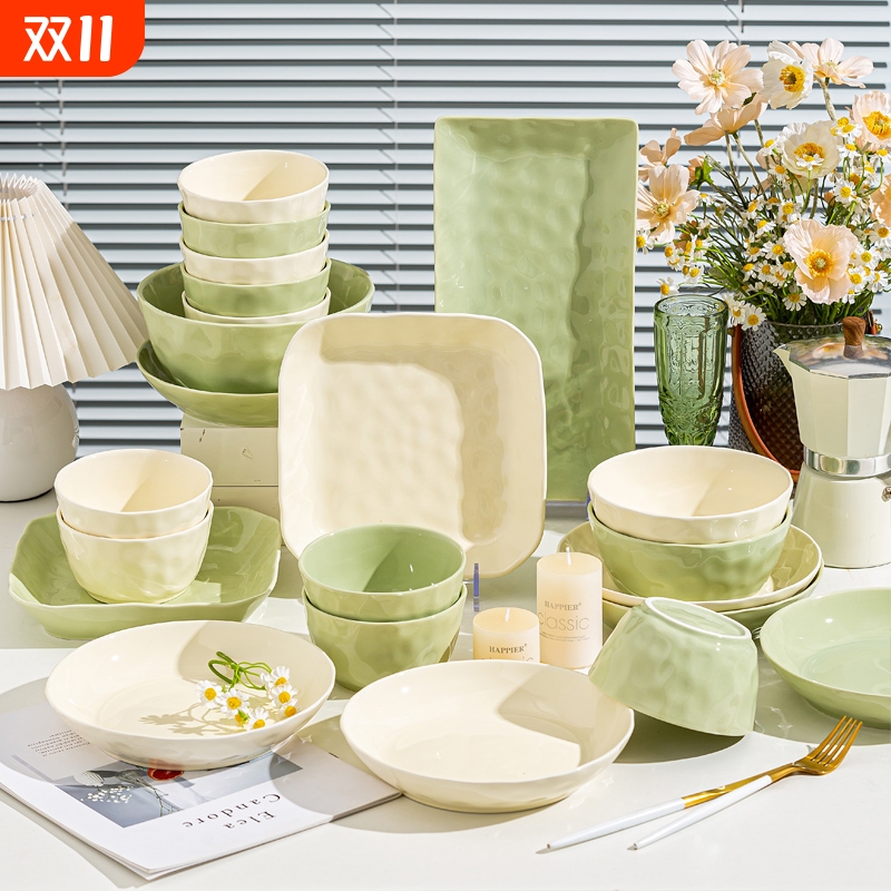 奶油风高温釉下彩2025新款创意个性石头纹陶瓷碗盘子菜盘大汤碗