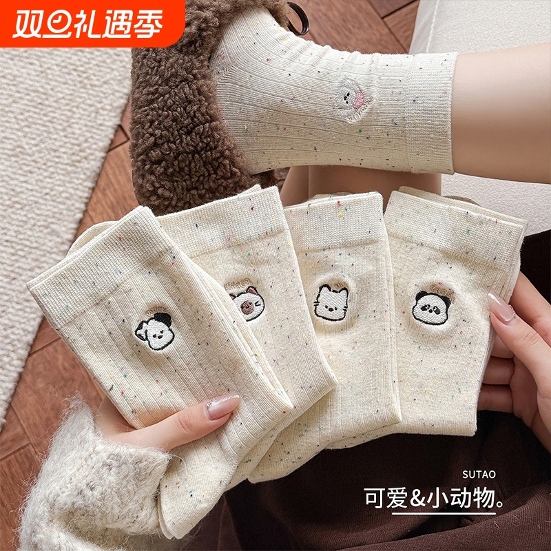 袜子女款ins提花中筒女可爱卡通小狗透气长袜2025新款爆款堆堆袜