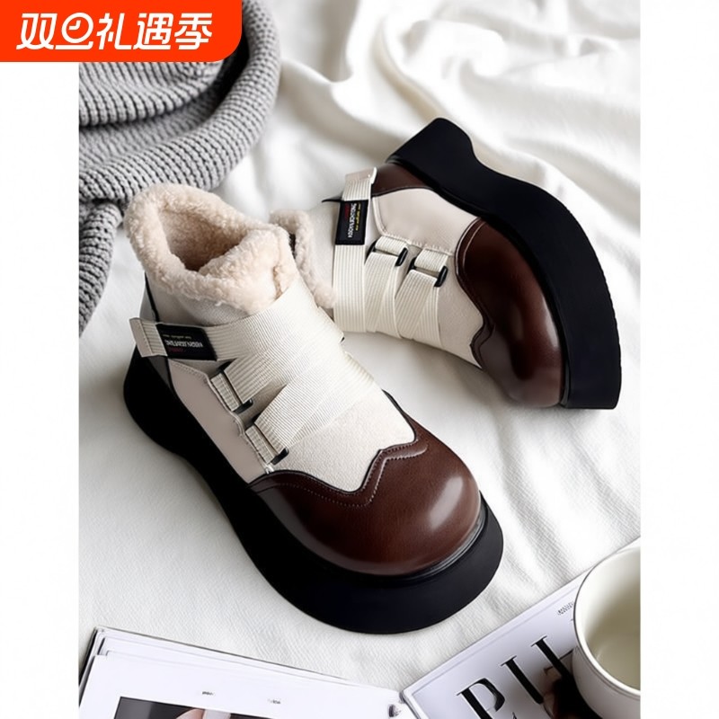 厚底皮面雪地靴女2025冬季加绒保暖短靴毛毛女鞋丑萌棉鞋时尚圆头