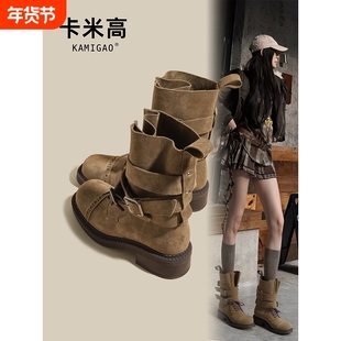 8cm内增高马丁靴女2025新款秋季厚底粗跟美拉德堆堆靴棕色短靴子