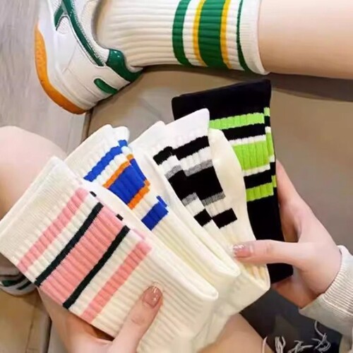 袜子女条纹拼色中筒袜