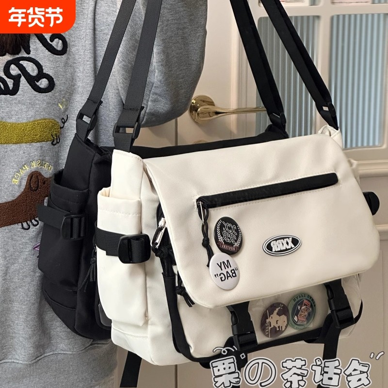 茶话会日系工装百搭邮差包男潮学生痛包上学单肩包大容量斜挎包女