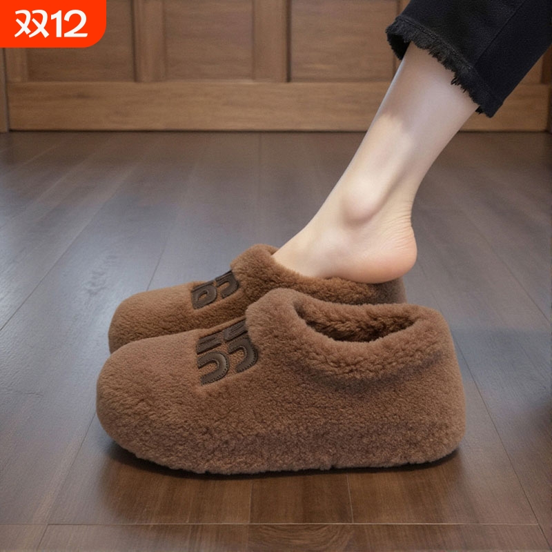 羊羔绒厚底毛毛鞋女外穿2025新款秋季加绒保暖配裙子棉鞋毛绒黑色