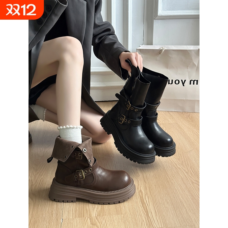小个子增高马丁靴女2025秋冬新款复古美拉德短筒靴子棕色超火短靴