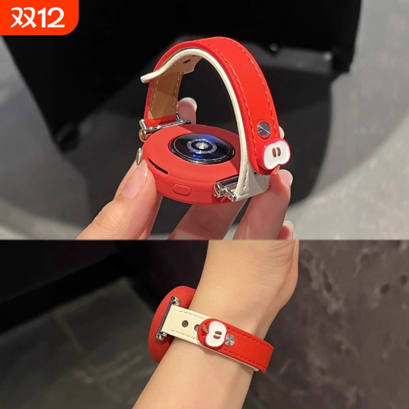 适用于华为手表gt5表带gt4女新款3高级创意watch4pro立体苹果真皮拼色腕带小米watchS4白拼红双钉扣41mm