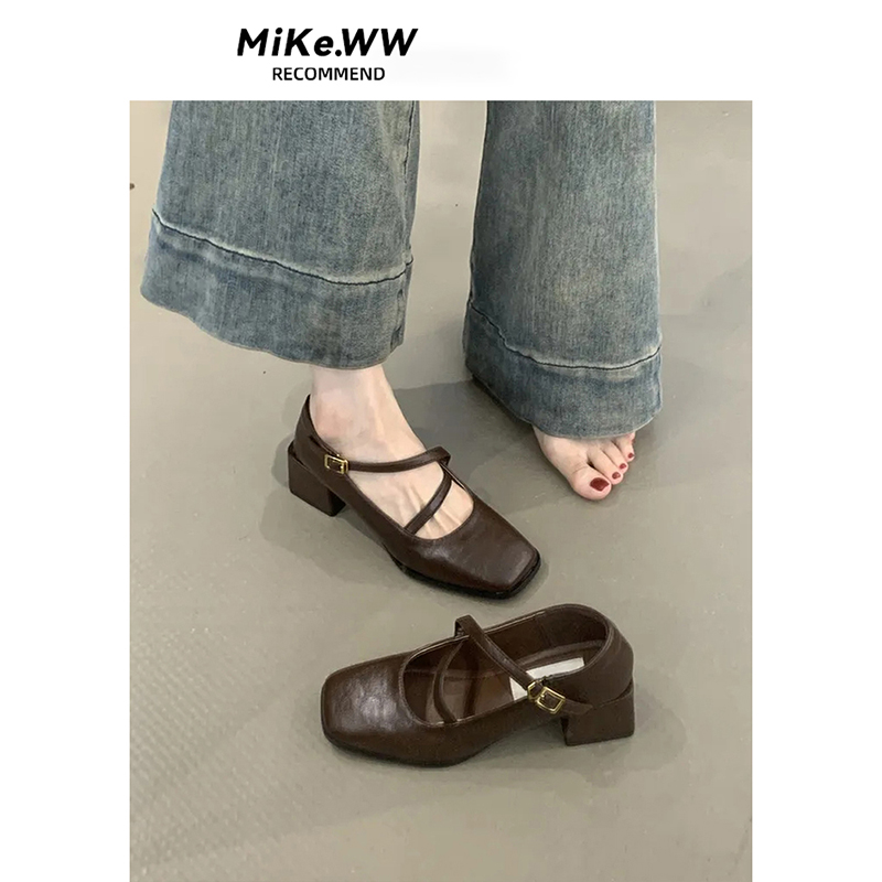 法式高跟鞋粗跟单鞋女2025新款配裙子玛丽珍小皮鞋方头内增高浅口