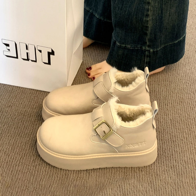 厚底勃肯鞋女加绒保暖雪地靴2025秋冬乐福鞋一脚蹬毛毛棉鞋子米色