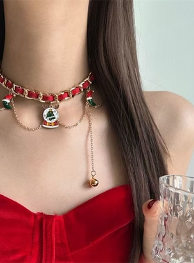 圣诞节金色链条红麂皮圣诞老人choker铃铛项链女氛围感节日穿搭女