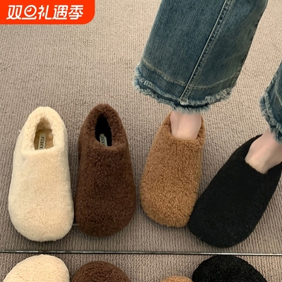 厚底加绒内增高毛毛鞋女雪地靴2025冬季新款一脚蹬勃肯棉鞋子黑色