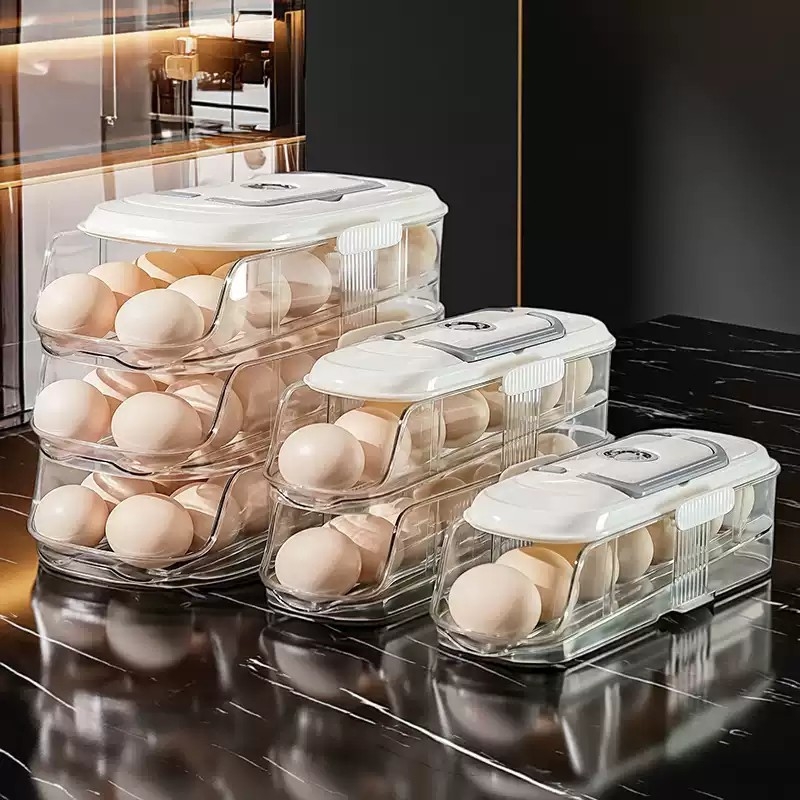 新滚动鸡蛋收纳盒冰箱用侧门放鸡蛋整理神器多层抽屉保鲜盒带提手