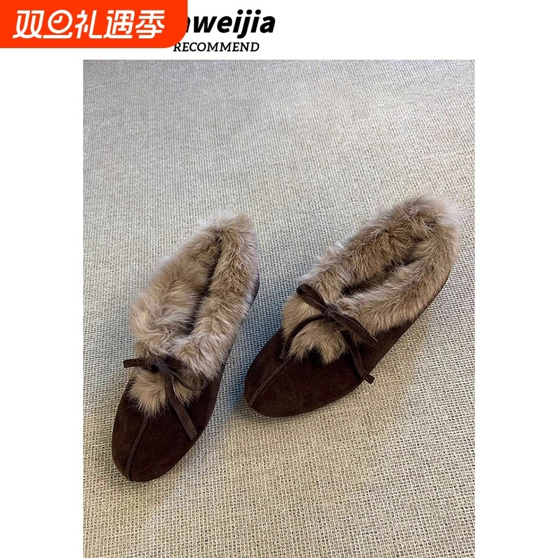 复古内增高加绒单鞋女2025冬季新款圆头蝴蝶结勃肯毛毛鞋保暖棉鞋