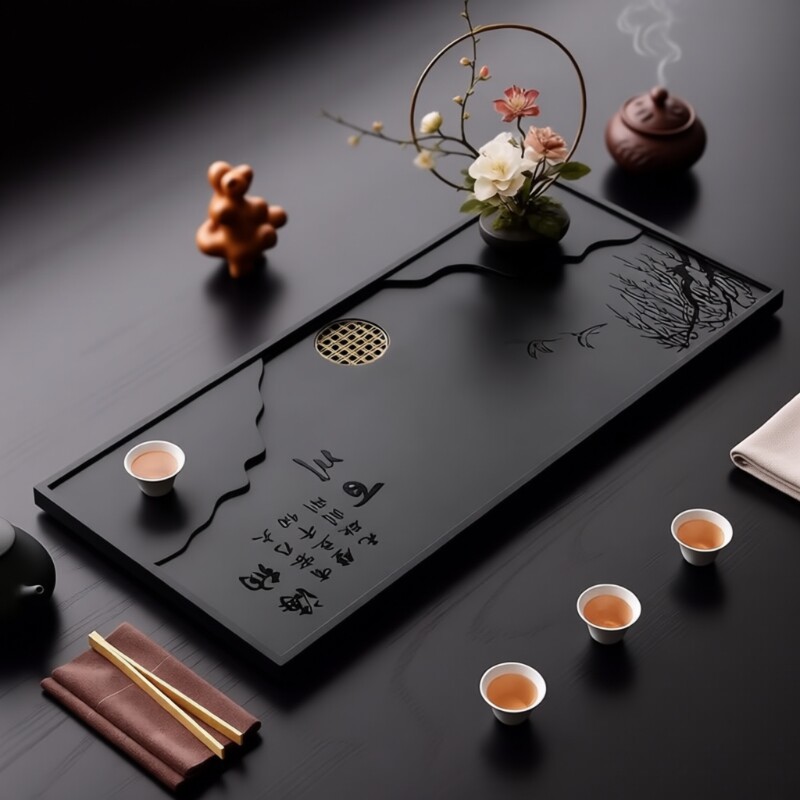 乌金石茶盘长方形海纳百川办公室茶室家用百搭排水式中式茶台茶具