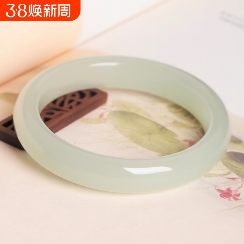 和田玉青白玉手镯宽手镯冰晴水少女款玉镯圆条平替仿新疆玉石镯