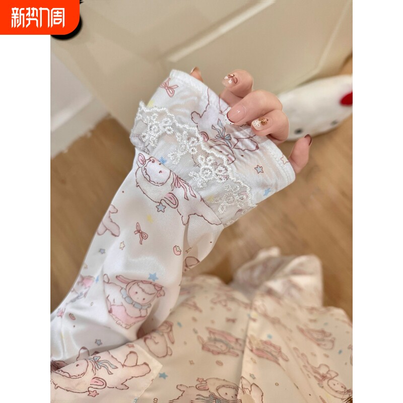 冰丝睡衣女春夏季蕾丝边长袖2026新款卡通丝绸可爱少女薄款家居服