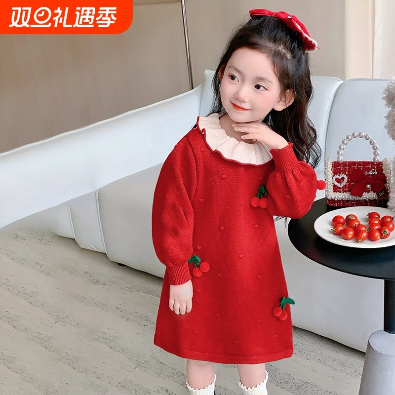 女童针织翻领可爱甜美连衣裙儿童公主裙小女孩礼服生日抓周秋冬