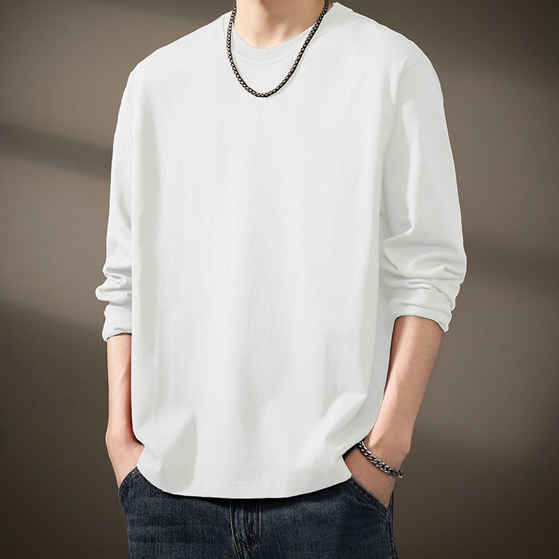 新款重磅纯棉长袖男t恤打底衫纯白色2026秋冬女宽松情侣上衣潮