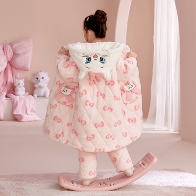 女童睡袍冬季法兰绒夹棉保暖套装
