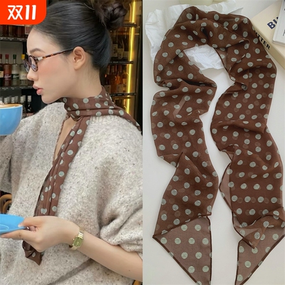 棕色波点丝巾印花高级百搭配饰系脖女2025年新款发带绑发长条围巾
