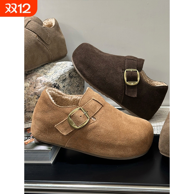 5CM复古磨砂皮加绒勃肯鞋女2025新款透气休闲鞋一脚蹬毛毛棉鞋女