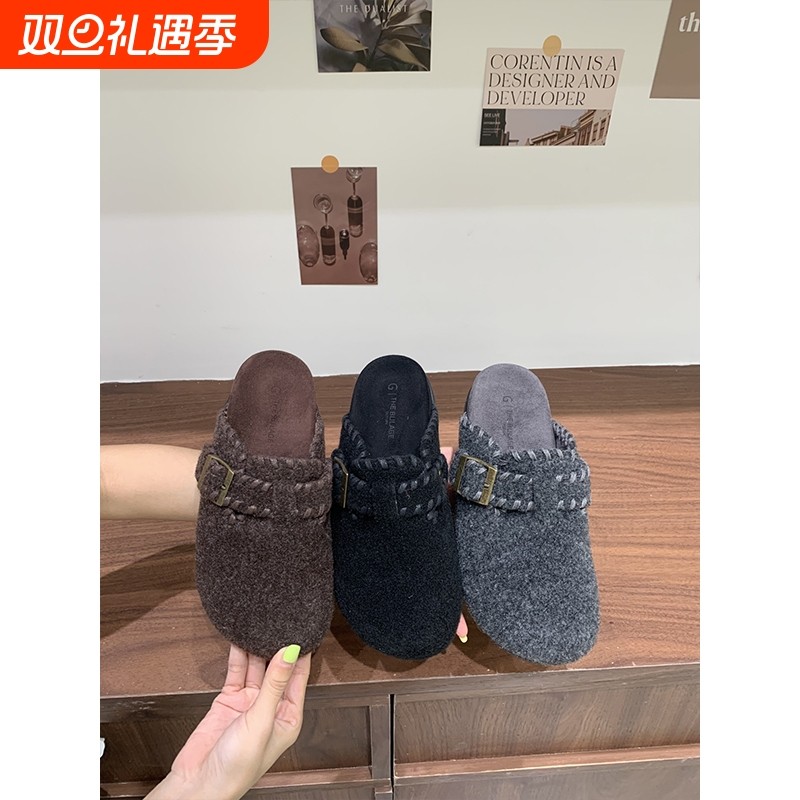 网红呢子厚底勃肯鞋拖鞋懒人毛毛鞋女外穿2025秋冬增高毛茸茸半拖