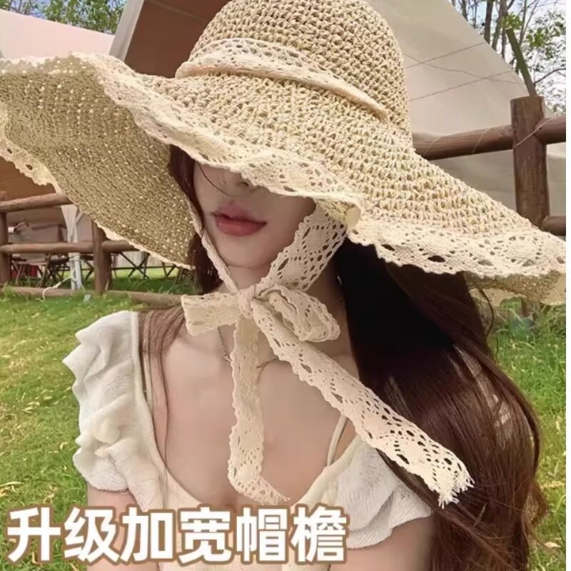 大头围草编草帽女加大帽檐蕾丝出游海边沙滩帽拍照片防晒帽子遮阳