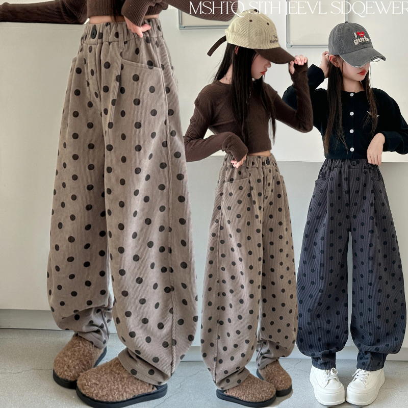 女童加绒裤子阔腿裤波点冬一体绒