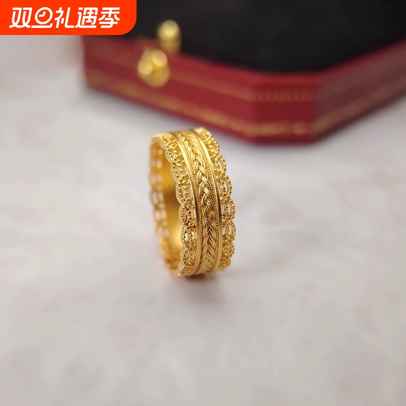 金店同款古法镂空钱币戒指女款腰缠万贯黄金色暴富食指戒男士指环