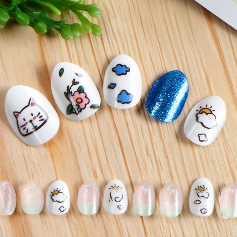 儿童穿戴甲自带背胶指甲贴片尖头杏仁24片成品美甲片蓝色小猫卡通