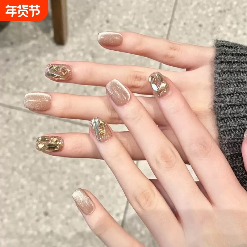 秋冬奶茶棕猫眼爆闪香槟钻穿戴美甲贴成品手工光疗美甲小红书爆款,彩妆/香水/美妆工具,穿戴甲/甲片,淘宝优惠券,粉丝福利购,淘宝优惠卷