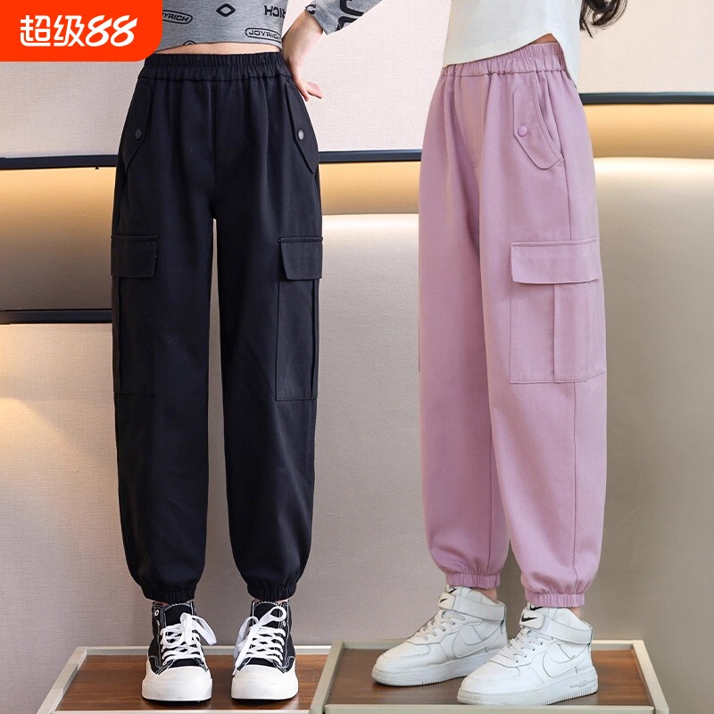 裤子女童工装裤春夏款2026新款儿童女大童春秋女孩休闲运动裤黑色图片